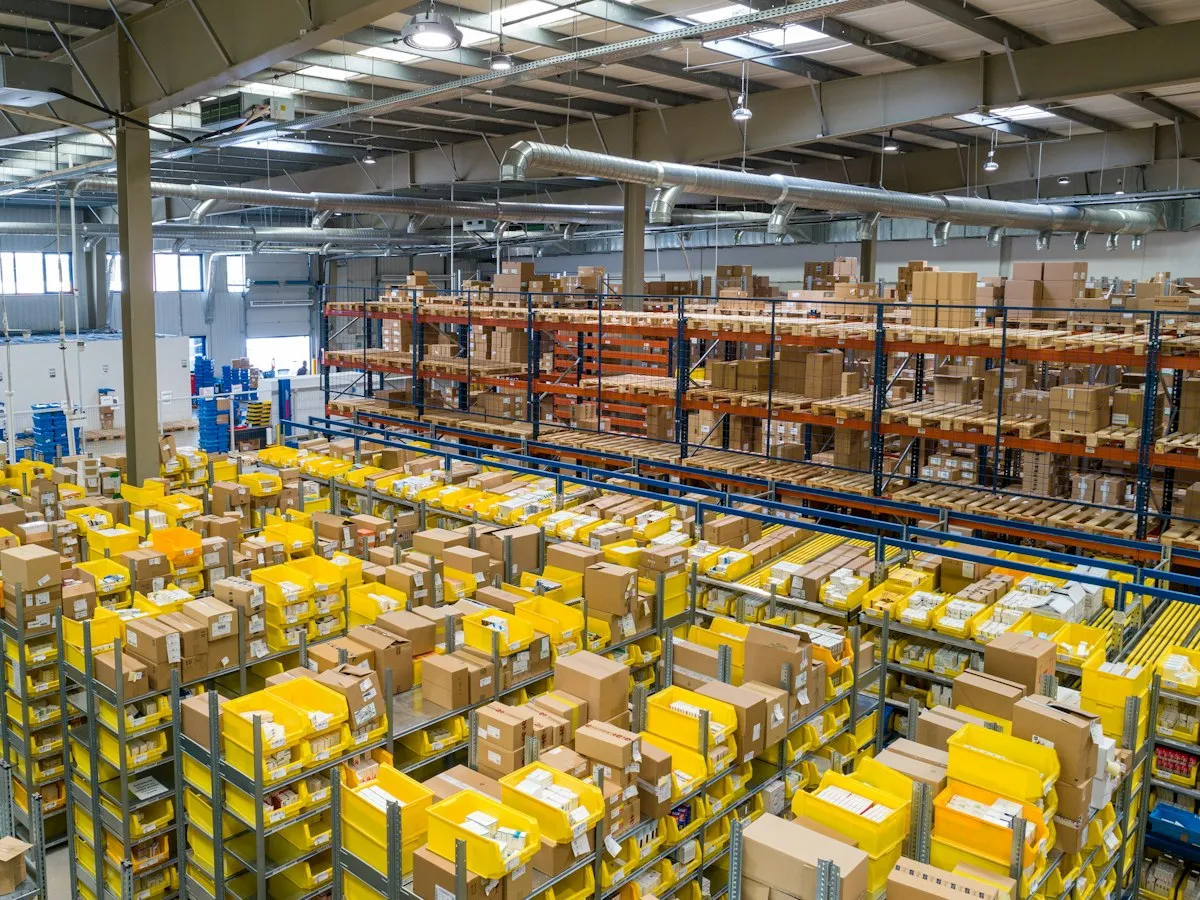 Warehouse aisles stacked with inventory
