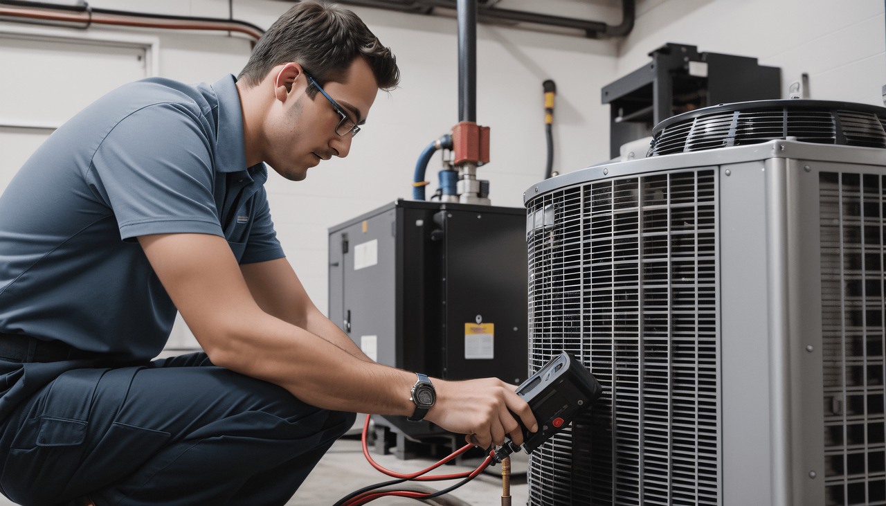 HVAC technician inspecting indoor air handler unit